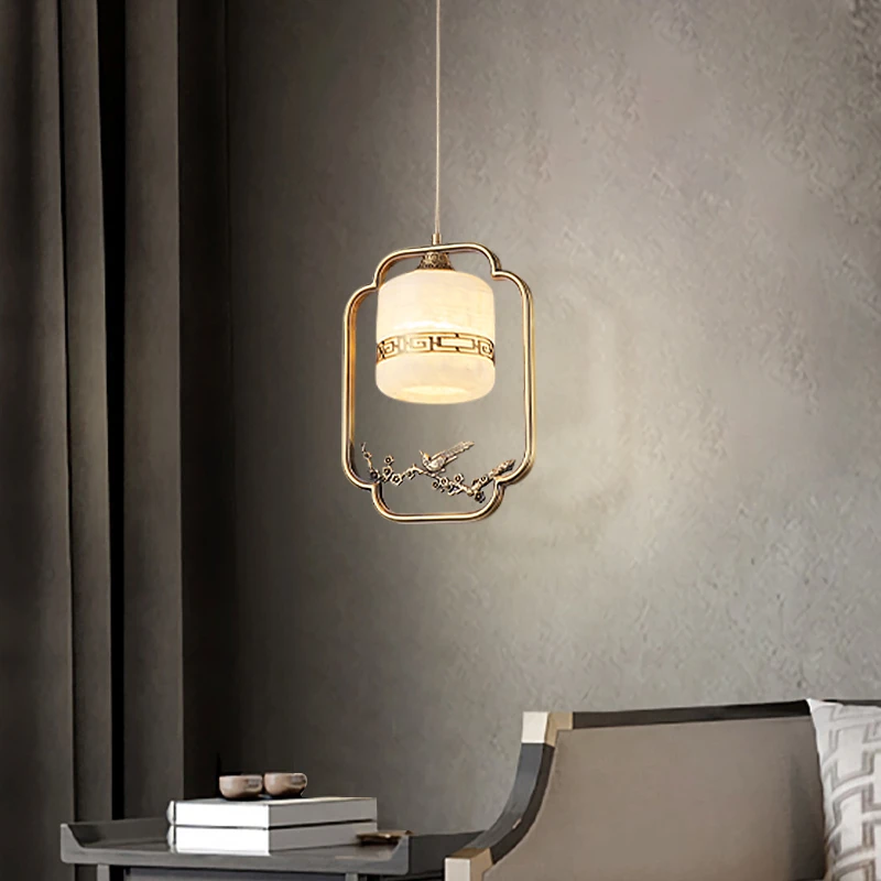 新中式全铜云石单头小吊灯禅意茶室卧室床头灯玄关入户走廊过道灯