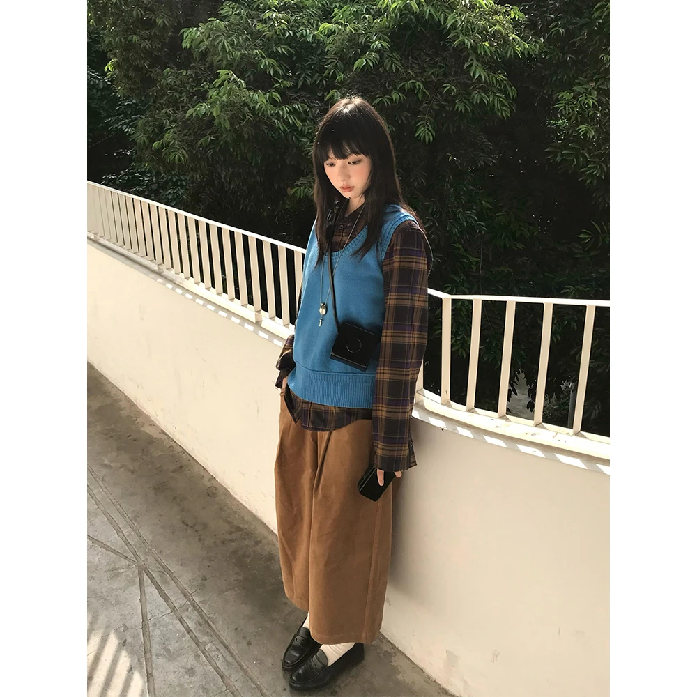 韩系复古圆领湖蓝色针织马甲女早秋款设计感外穿百搭叠穿坎肩上衣