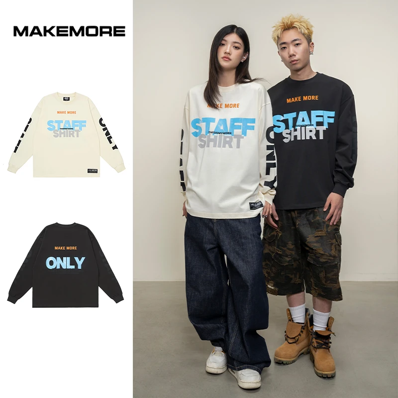 Makemore{重叠撞色}长袖T恤男新款设计美式纯棉宽松情侣上衣女