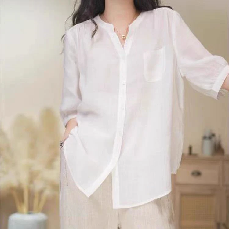 100%纯苎麻衬衫夏季基础百搭款扣套头衫遮肉透气女棉麻宽松显瘦