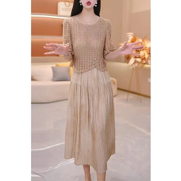 L5640夏季2025新款优雅气质冰丝小众假两件连衣裙显瘦清新中长款