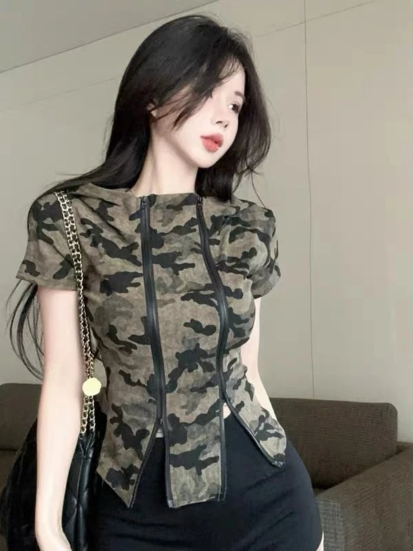美式辣妹工装迷彩服连帽短袖T恤女夏季设计感拉链开衫短款小上衣
