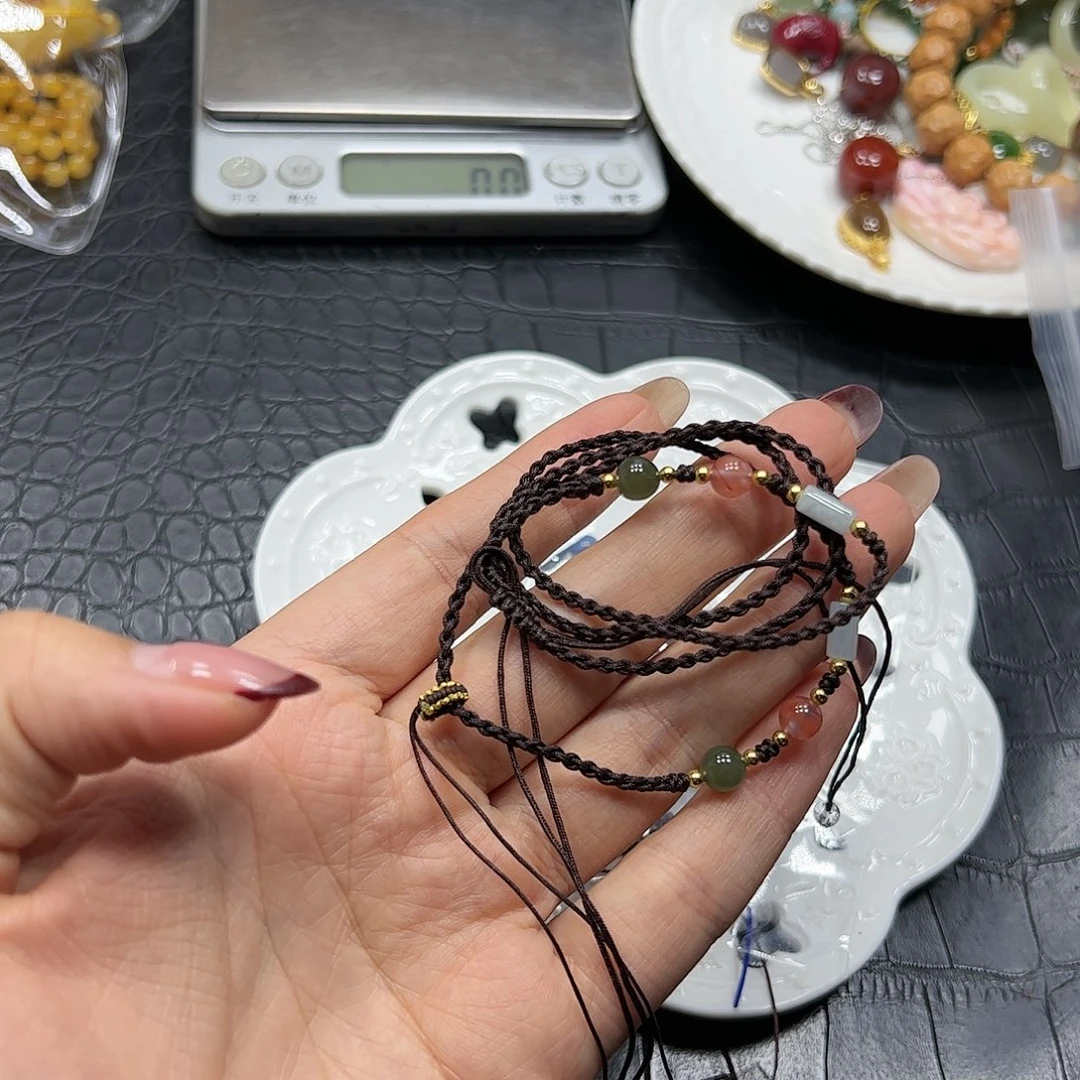 银S925镶嵌手链烟晶吊坠绳