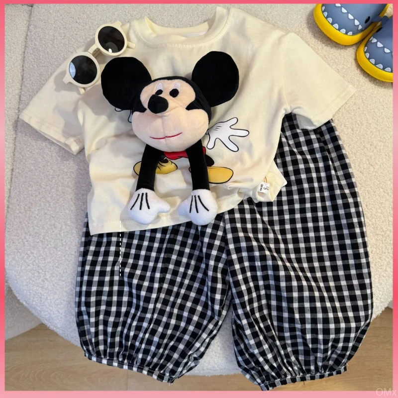 儿童卡通短袖夏季套装2025新款中小童印花立体玩偶百搭休闲格子裤