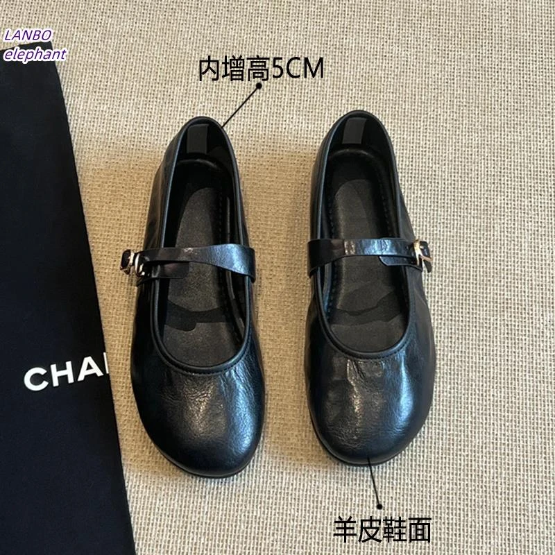 羊皮版内增高5cm小皮鞋平底奶奶鞋浅口一字扣带复古玛丽珍单鞋女