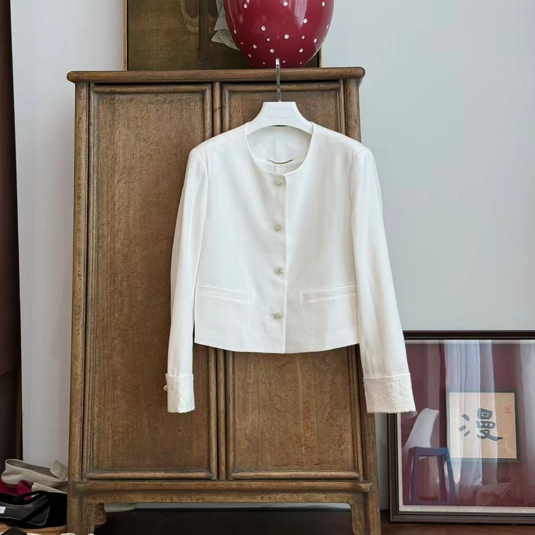 MYL 2025年夏季新款醋酸混纺白色外套卷边袖绞花扣圆领花边外套