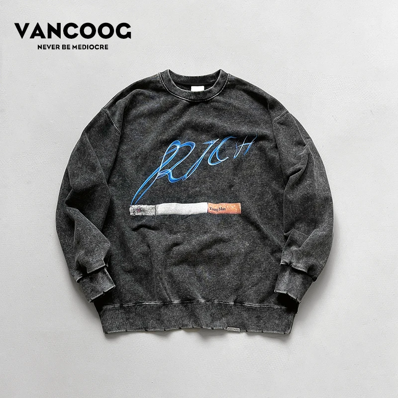 VANCOOG秋季美式SMOKE印花纯棉宽松外套复古圆领宽松磨破卫衣男潮