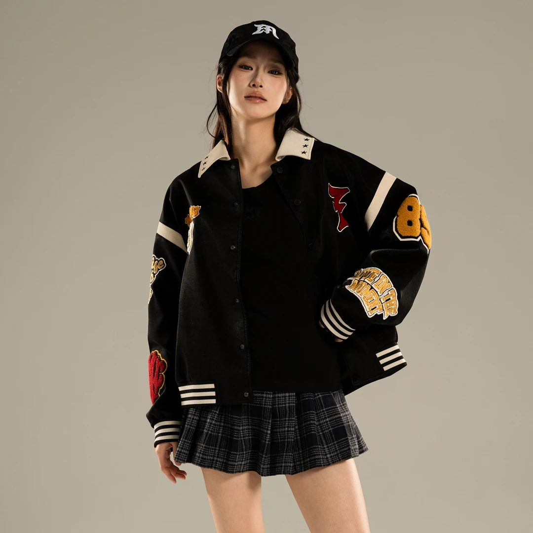 ZMOH美式2025春秋新款复古字母字绣拼接棒球服宽松百搭休闲外套