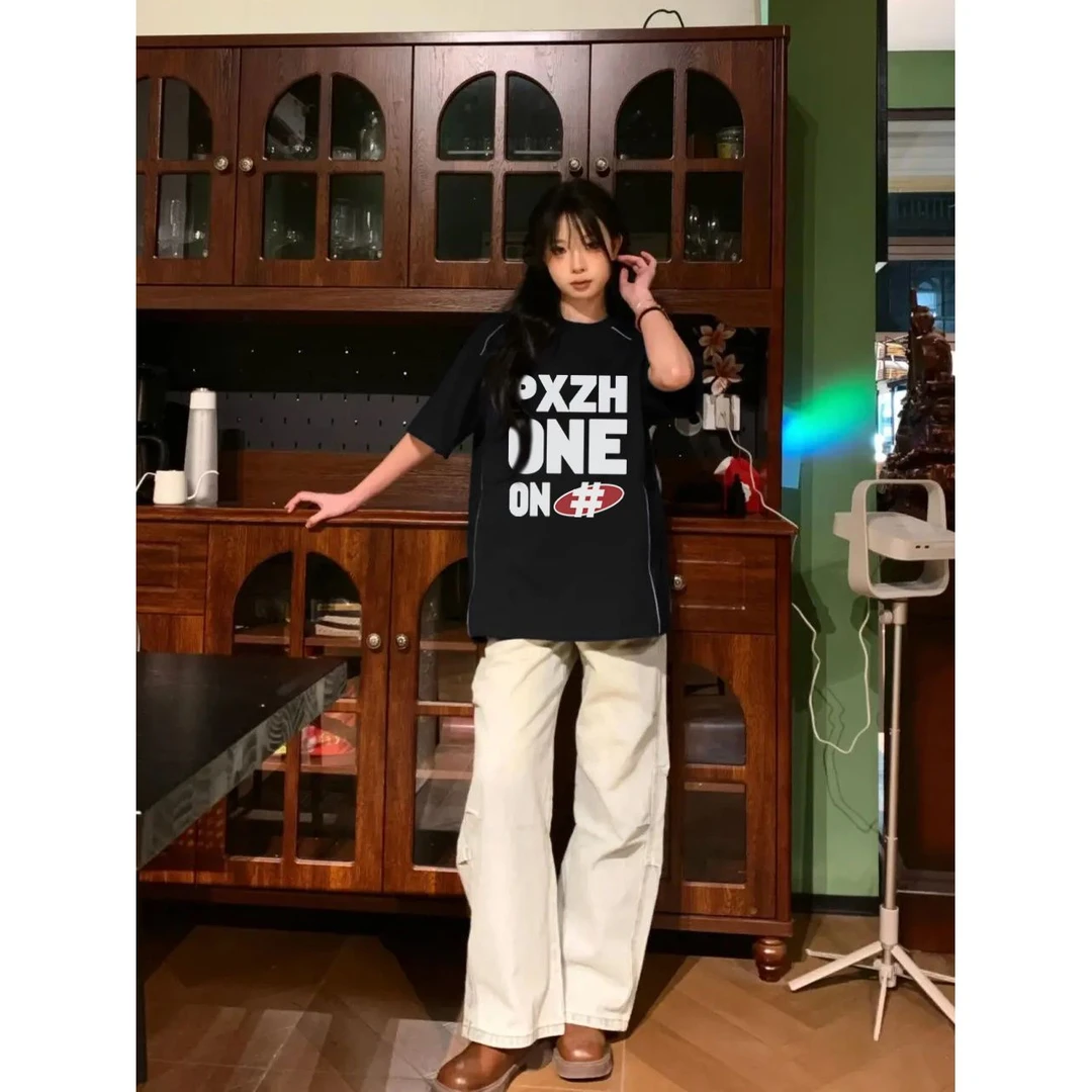 100%纯棉韩系街头设计反光线条短袖t恤男女夏季宽松百搭新款上衣