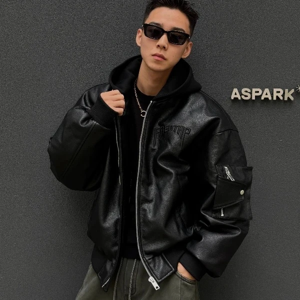 【YINMING】高街奢感立体压印PU皮廓形90白鸭绒夹克机能风臂袋宽松