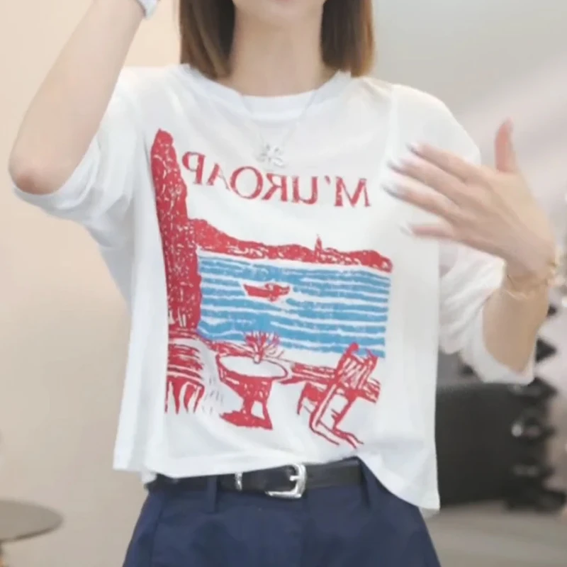 设计感薄款防晒印花长袖t恤女2025夏季新款时尚宽松休闲百搭上衣