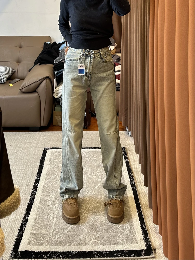 设计感水洗高街牛仔裤高腰休闲直筒裤裤子美式百搭破洞做旧