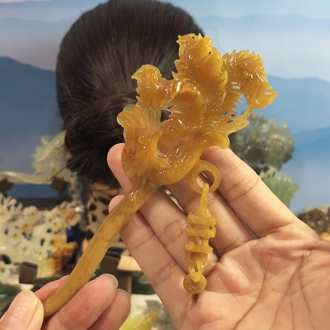 凤***音蛇纹石玉合金发饰
