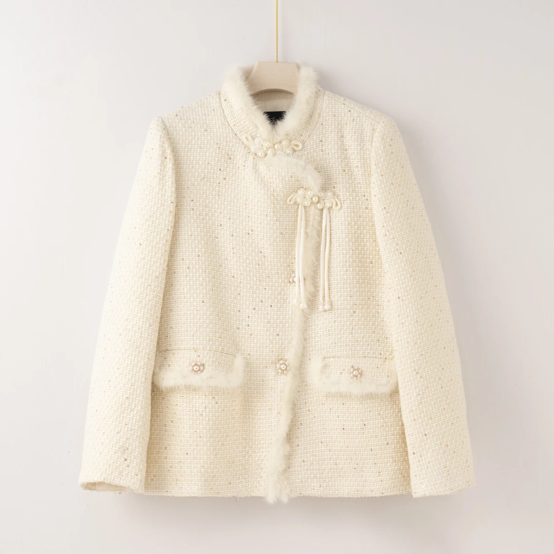 Q2537【特价-占单者限购】东大门设计款拼接毛毛盘扣羽绒服YRF9218