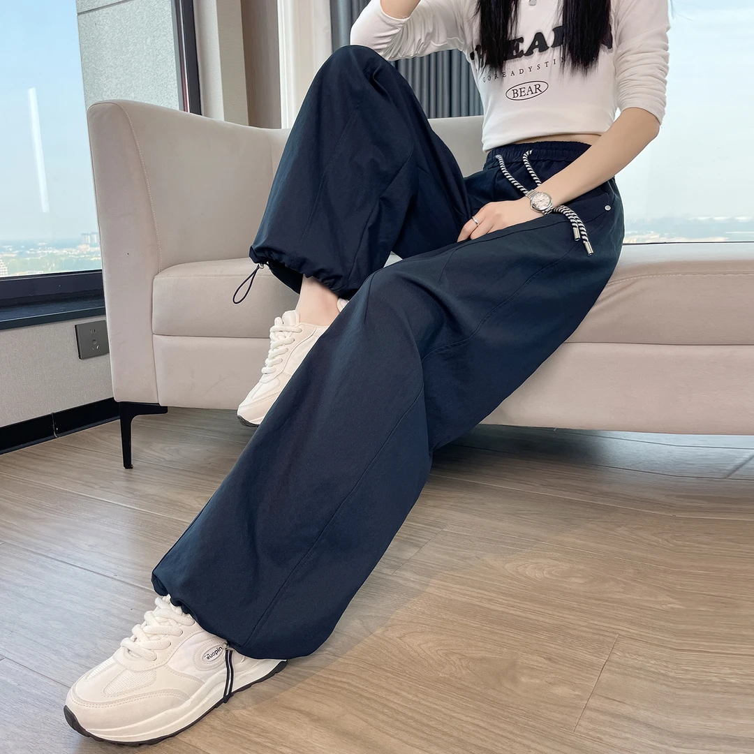 藏蓝色工装阔腿裤女高腰春秋2025新款宽松登山垂感美式显瘦拖地裤