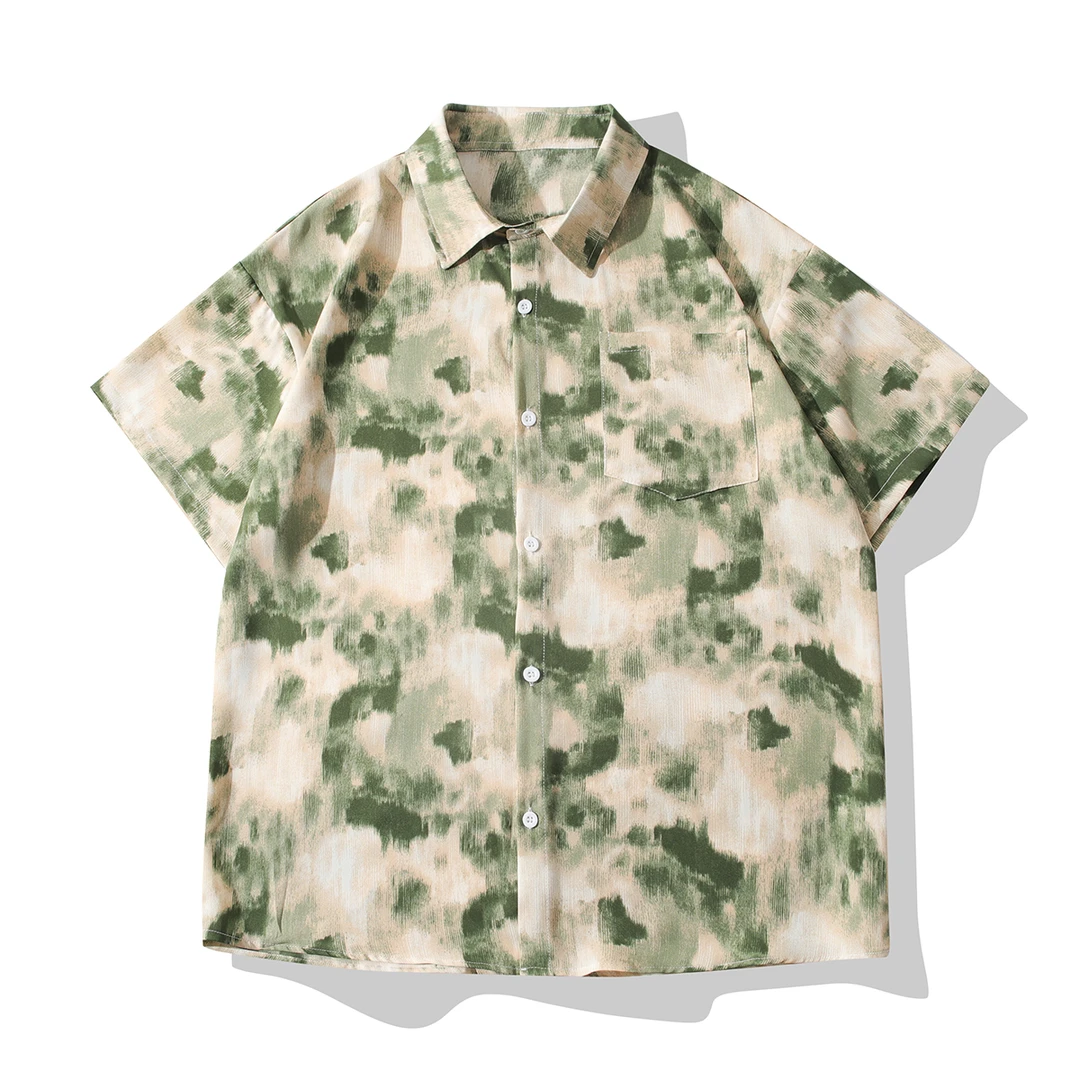 复古泼墨渐变短袖冰丝衬衫夏季薄款男装宽松酷帅凉感衬衣内搭速干