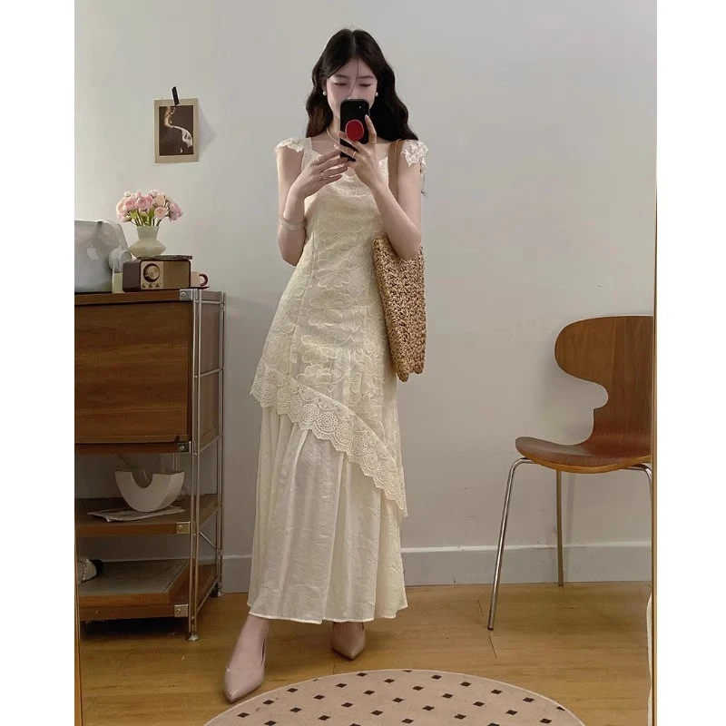 大码蕾丝提花领短袖连衣裙夏新款胖遮肚假两件不规则长裙