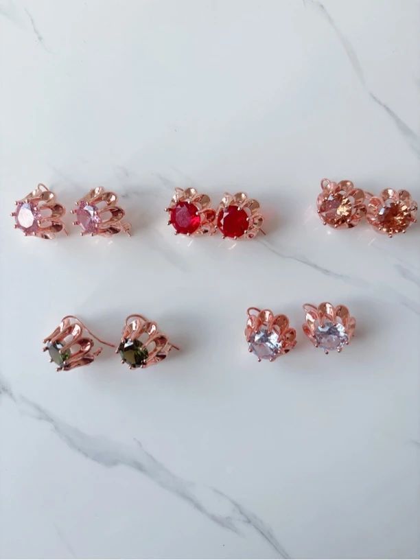 铜合金合成锆石耳饰 058圆形大多爪精致宝石百搭手工气质时尚耳环