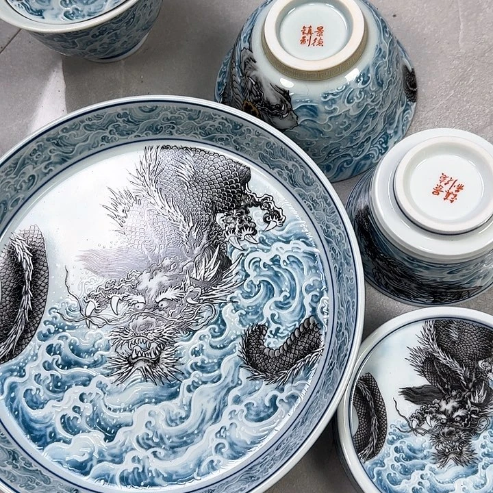 瓷片墨龙游海5件套景德镇