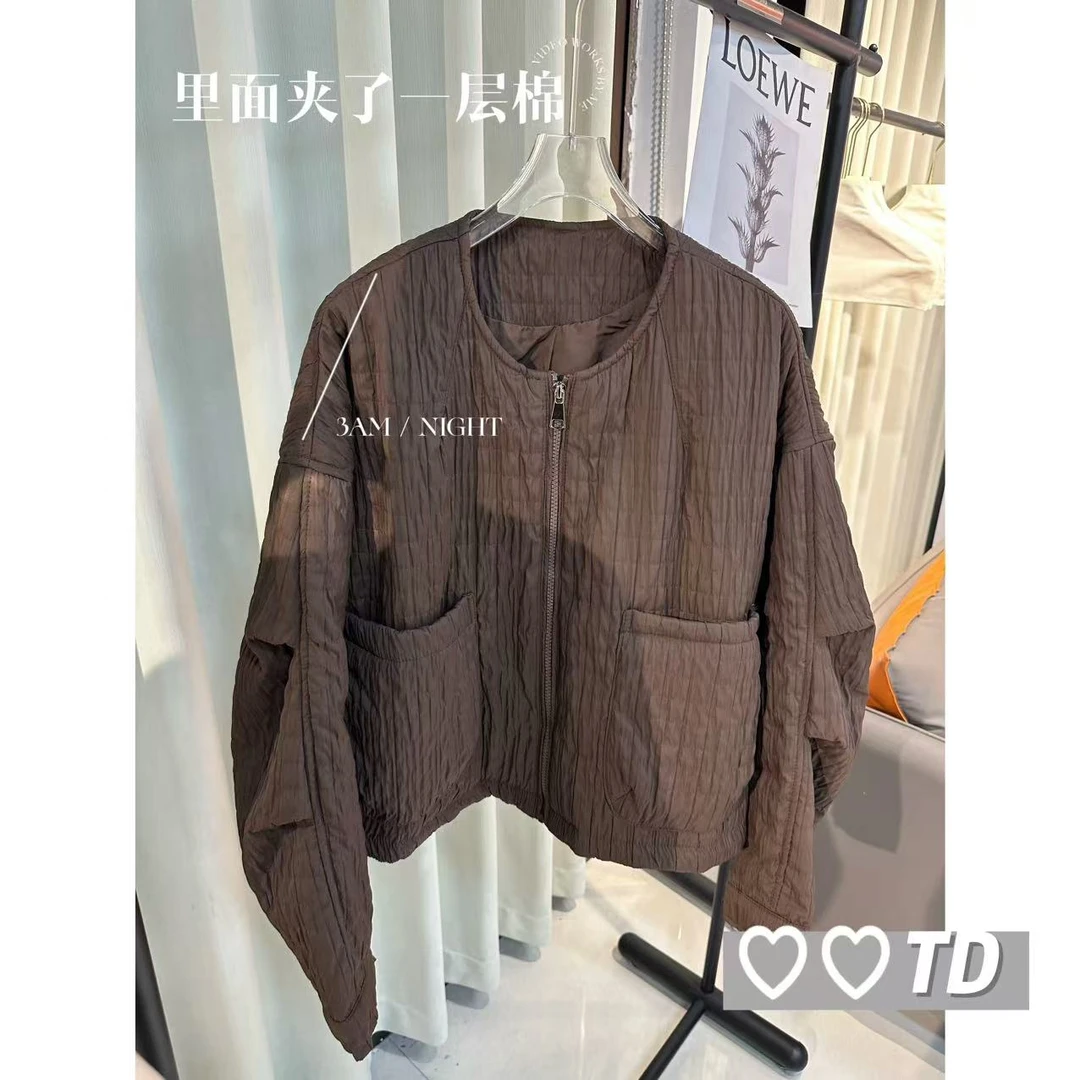 棉服拉链纯色短款拼接显瘦宽松长袖条纹气质百搭设计感复古01