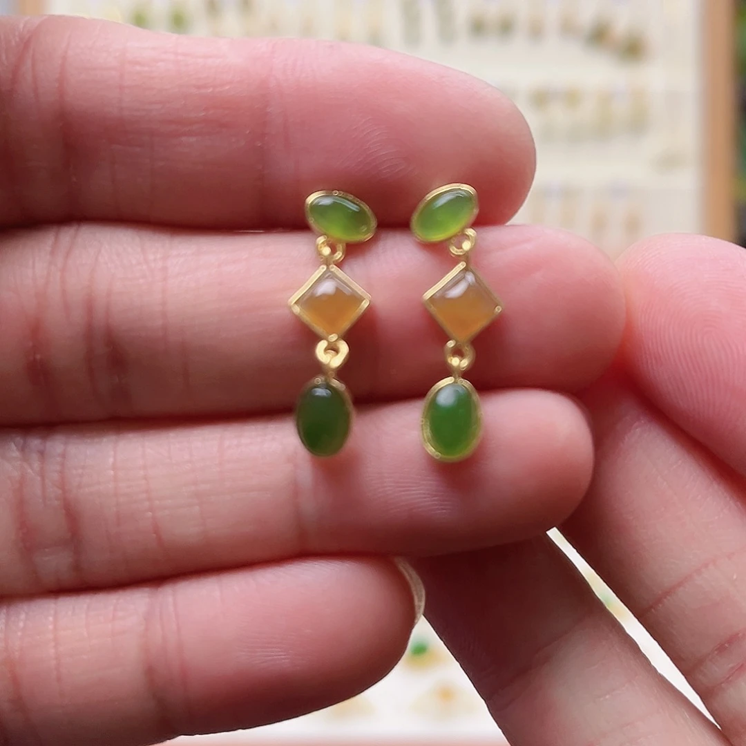 和田玉银S925镶嵌耳饰