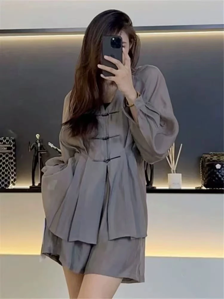 T复古国风新中式盘扣长袖防晒衬衫上衣+高腰阔腿短裤两件套装Y050