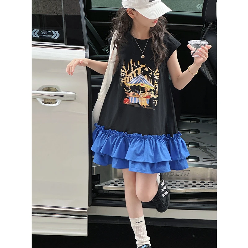 K29142 撞色花边女童连衣裙2025新款儿童短袖裙子女大童洋气A字裙