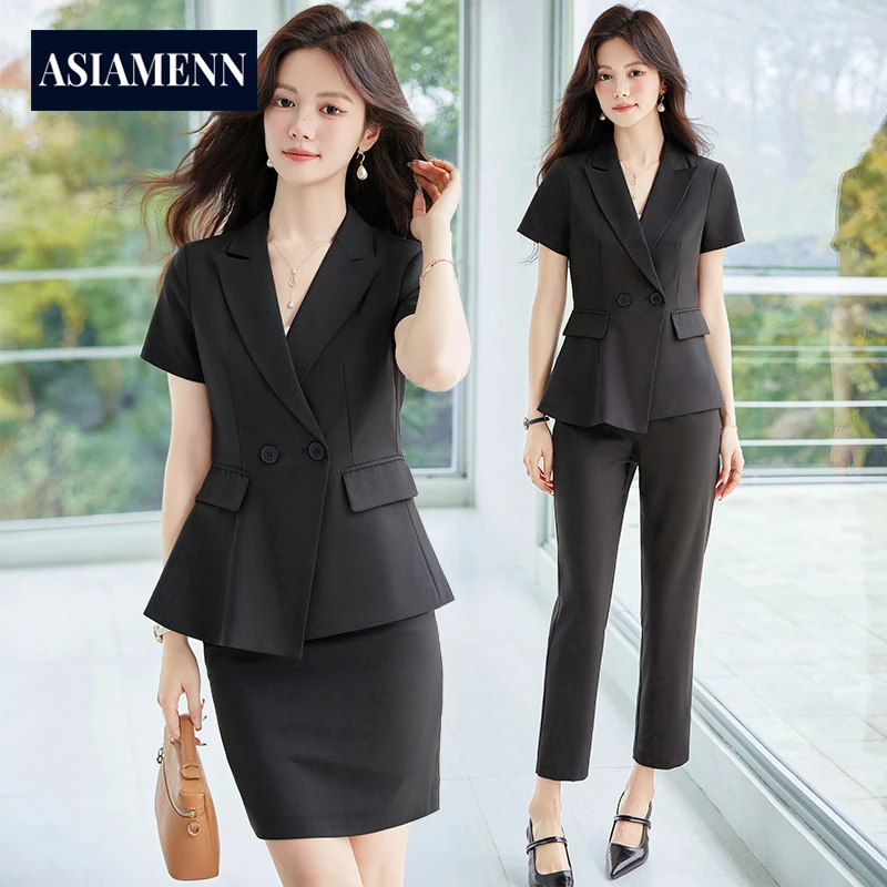 黑色西装夏日休闲职业套装女短袖气质面试正装高端酒店经理工作服