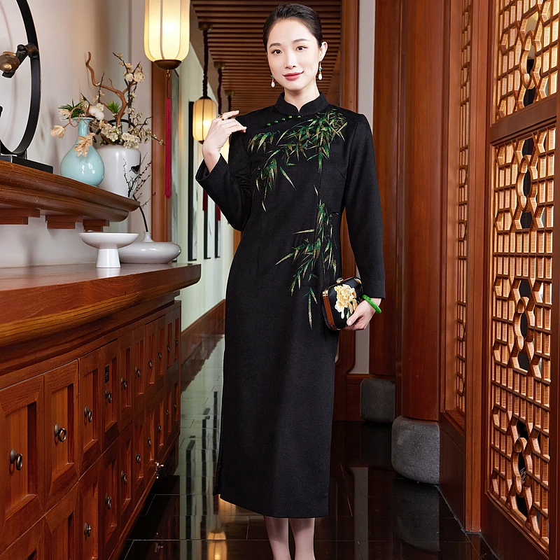 【翠影幽篁】羊毛竹子刺绣国风黑色显瘦复古中式气质旗袍M248686