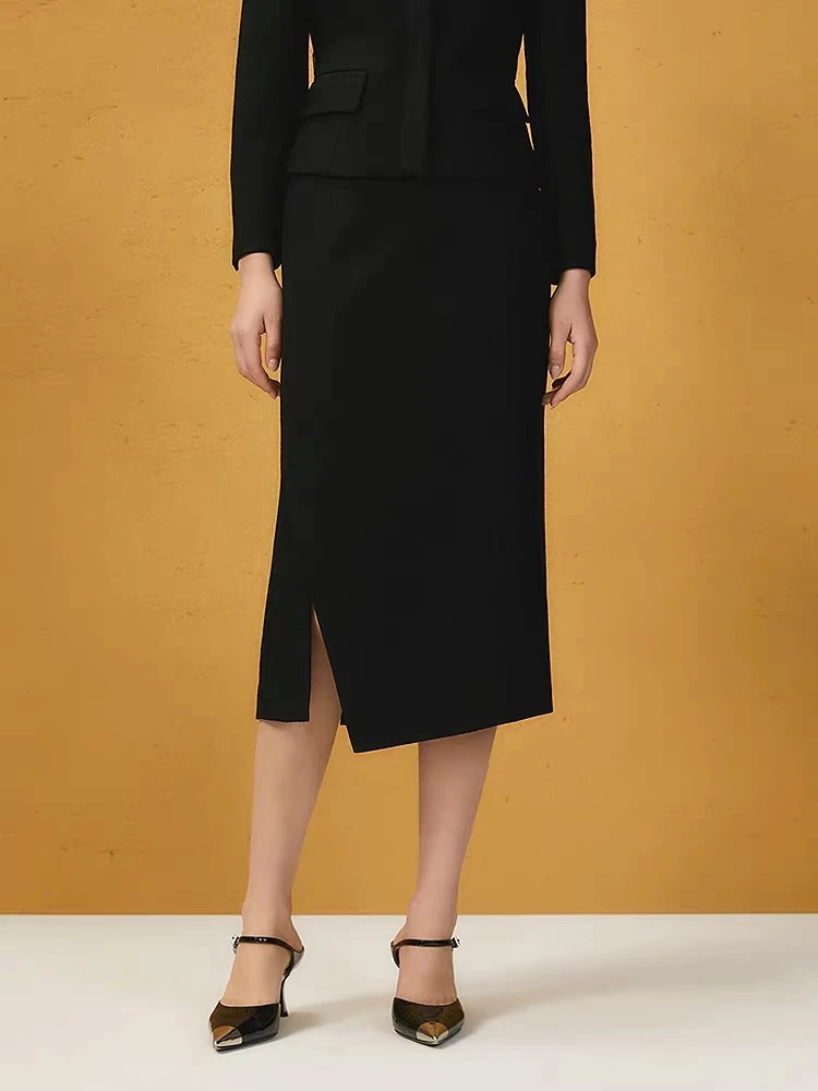 歌家-进口三醋酸2025秋季新款曜石黑开衩半裙-4093