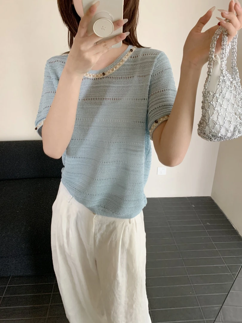 【素简.970116】夏季新款进桑蚕丝金线和纸纱小巴黎镂空针织衫