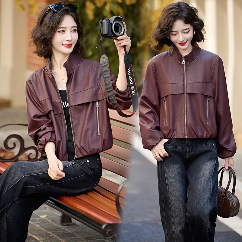 美式复古PU皮衣外套女2025春秋新款高级感小个子宽松立领机车夹克