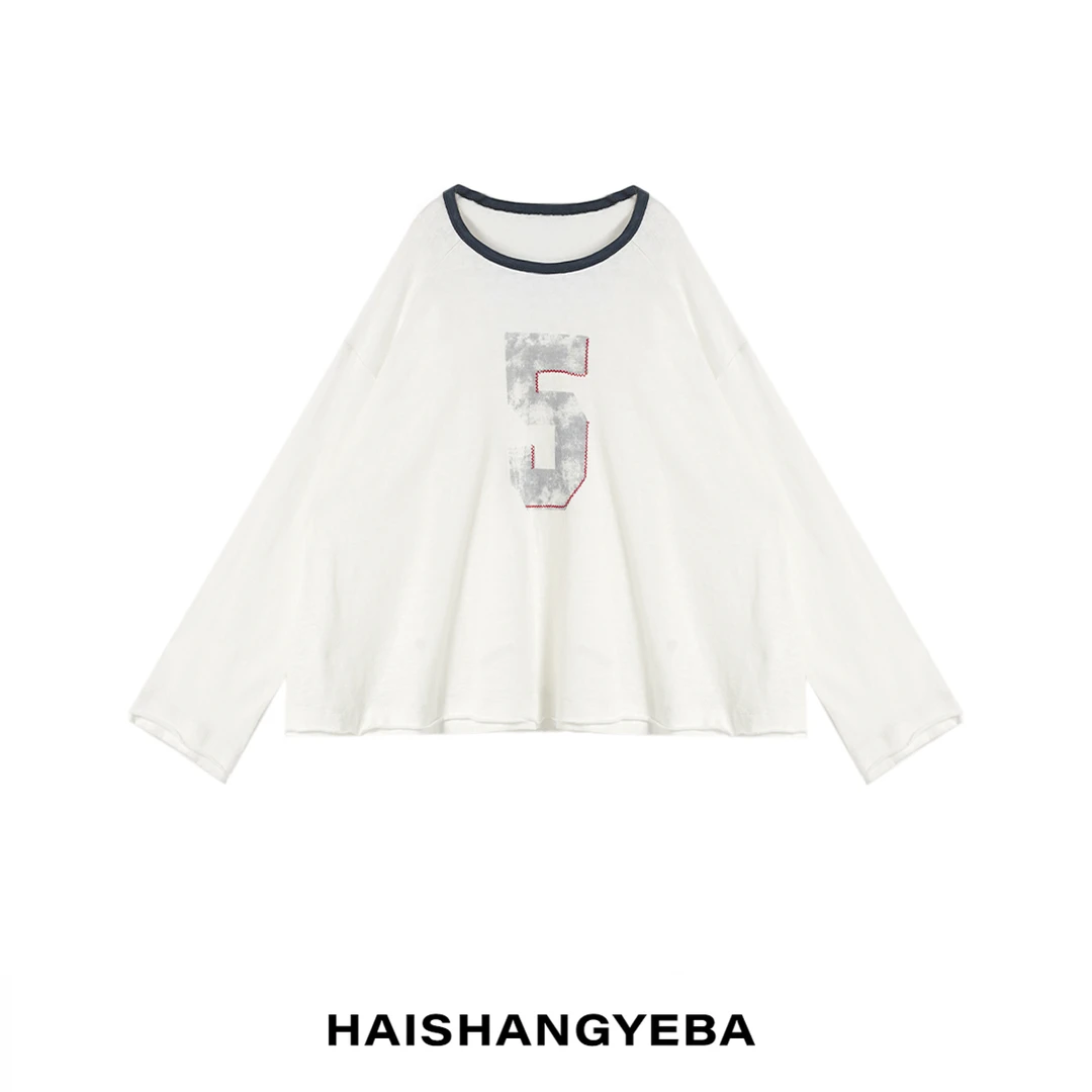 【海上叶爸】新款2025夏季百搭棉圆领慵懒休闲数字5T恤