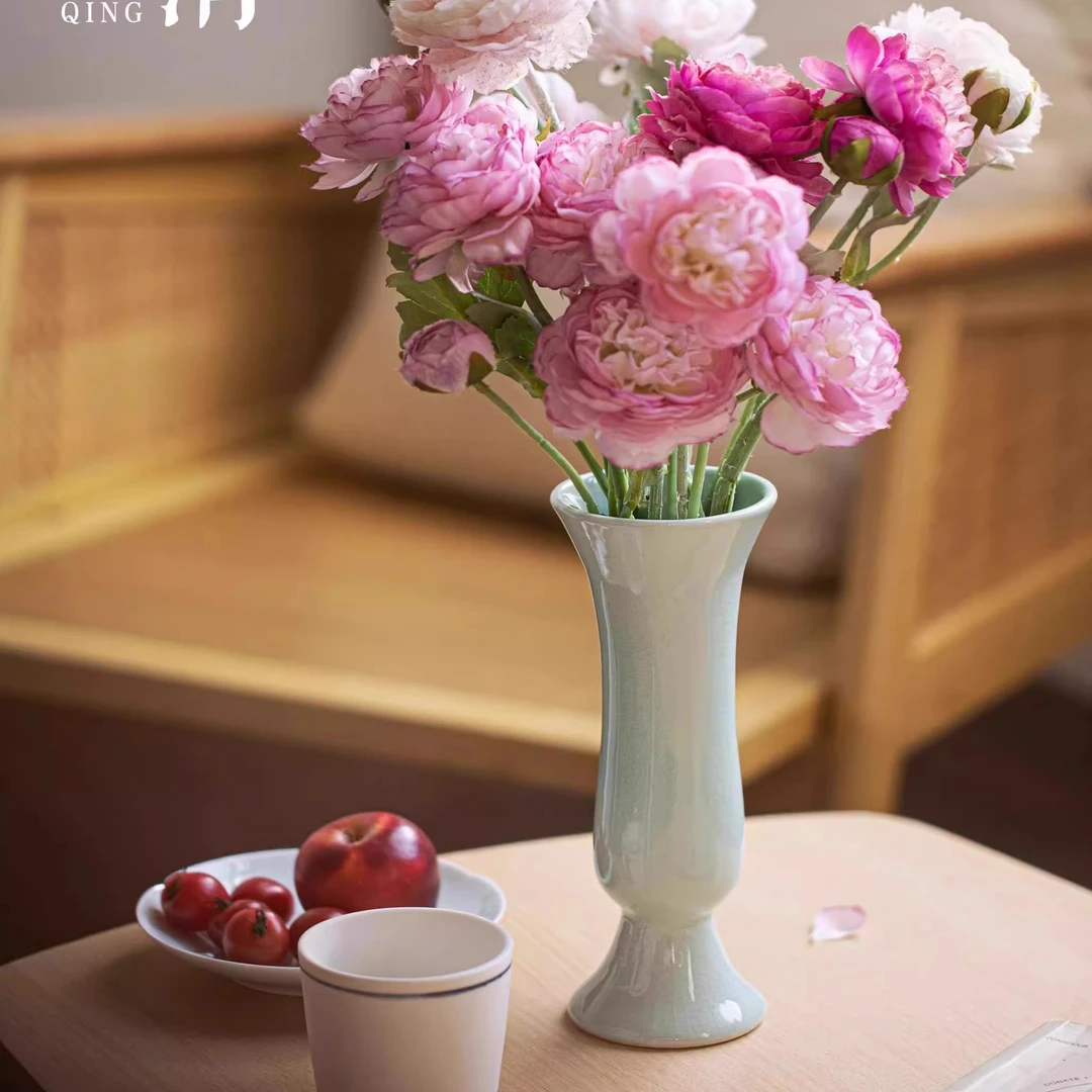 景德镇青玉花觚插花家居摆件陶瓷花瓶水养花器