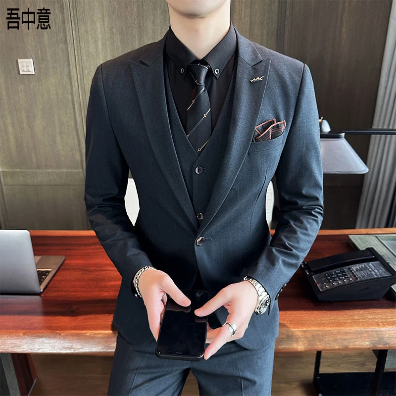 戗驳领暗条纹西装男套装三件套韩版修身春秋商务正装男士休闲西服