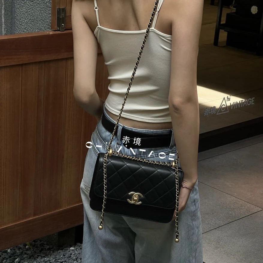 99新 Chanel/香奈儿 4422 黑金双金珠woc 芯片款