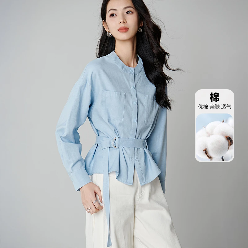 【专享】2025随性知识分子干练上衣腰部系带衬衫女25063010