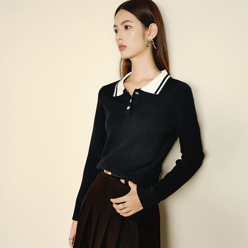 晚白冬季新款时尚简约气质毛衣纯色翻领减龄针织衫女24070708