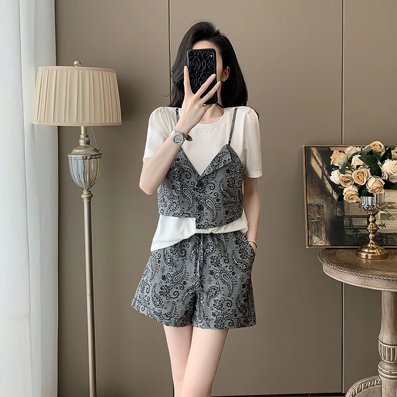 高端短袖休闲运动套装女夏季2025新款欧货印花时尚洋气短裤两件套