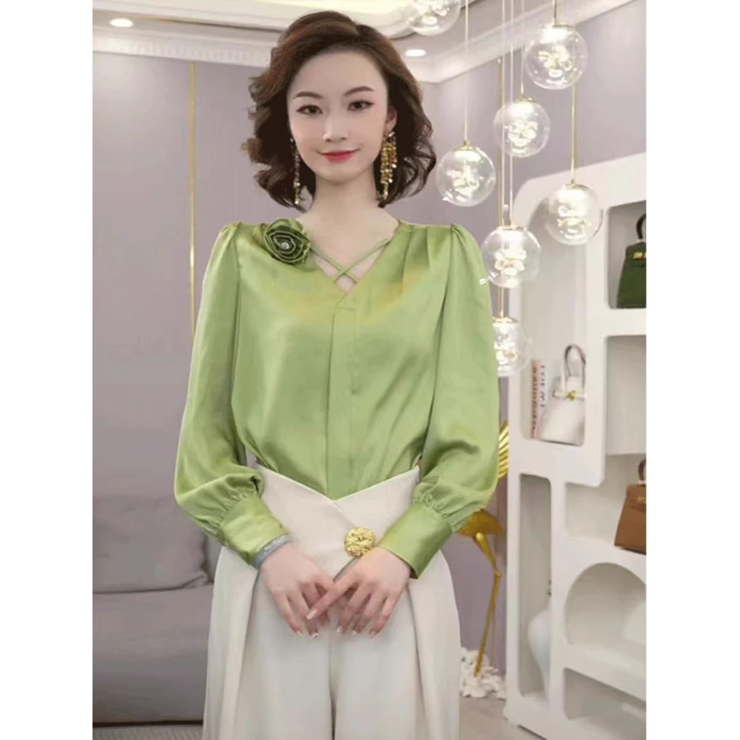 【6983单件-YR】洋气高端独特小衫长袖设计感高级绿色缎面衬衫