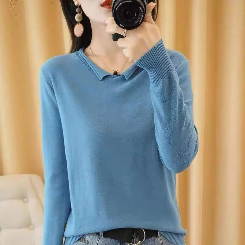 080棉针织衫女百搭透气棉衫长袖卷边领