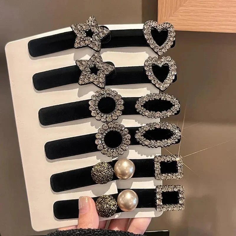 秋冬黑色小香风丝绒BB夹气质女后脑勺发夹水钻高级感边夹发卡夹子