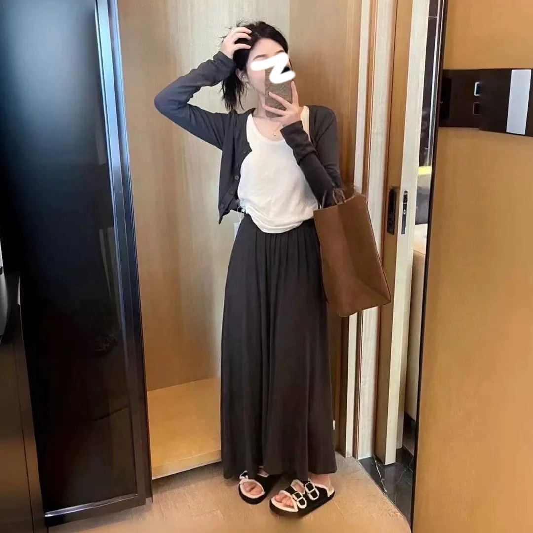 「小吴家」早秋新款休闲韩版气质百搭开衫+背心+高腰半身裙三件套