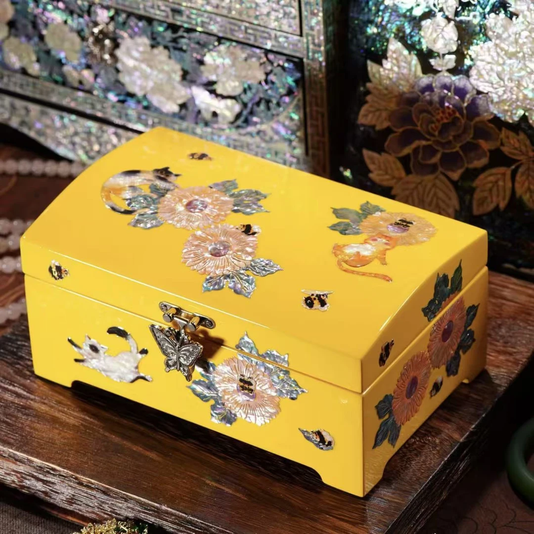 锦贝传说 【向日葵小猫】螺钿漆器纯手工喜庆首饰盒
