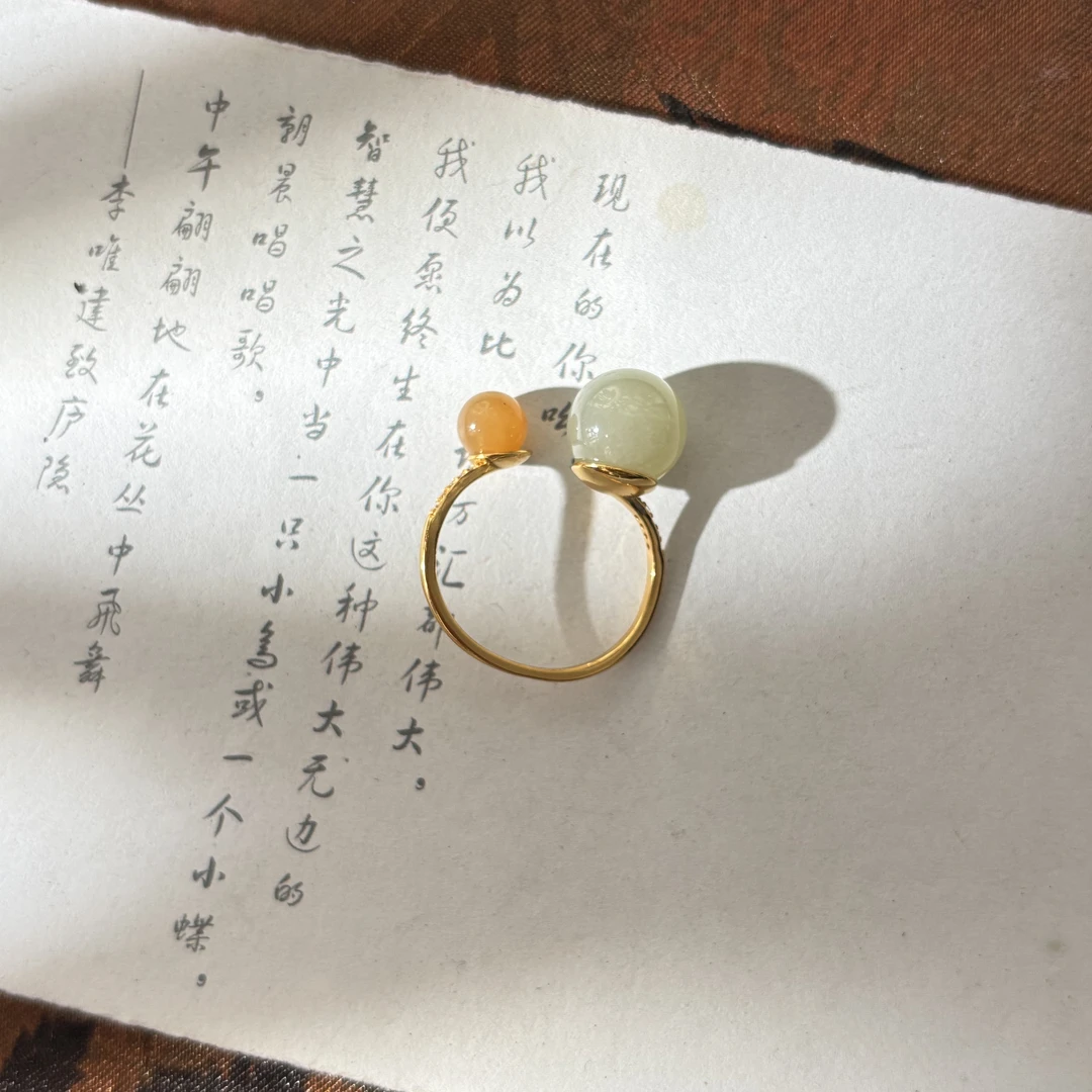 A15【金菀菀】天然和田玉晴水糖玉镶嵌戒指
