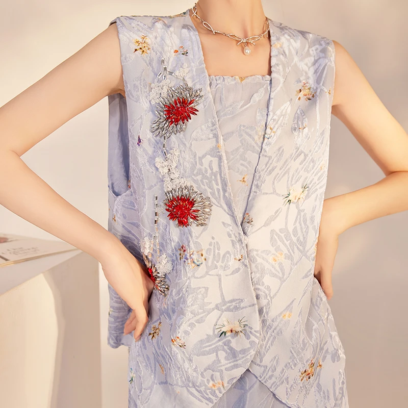 国风高端新中式钉珠烧花时尚高级感气质桑蚕丝无袖马甲女 M6118A