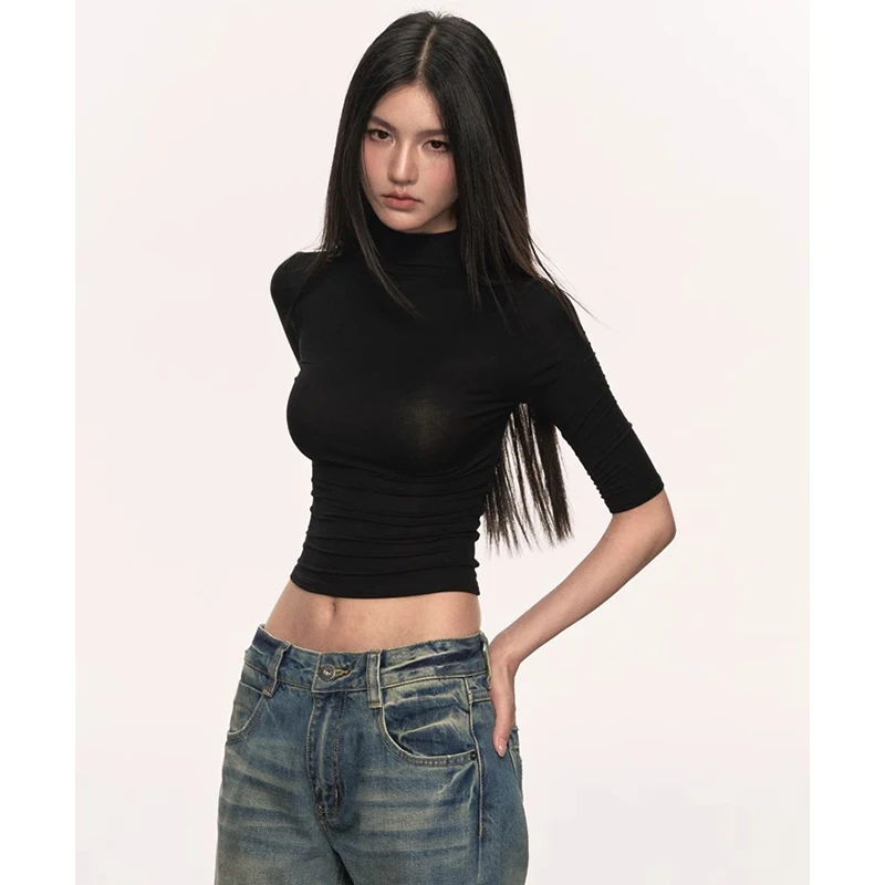 番茄妹妹Tomatosister 中袖黑色t恤女春夏小高领修身体恤圆领上衣