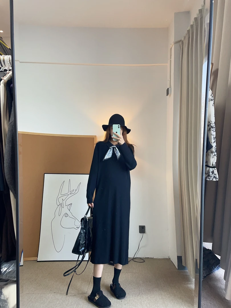 孕妇装连衣裙翻领高腰气质宽松打底长裙休闲显瘦加厚韩版针织裙子