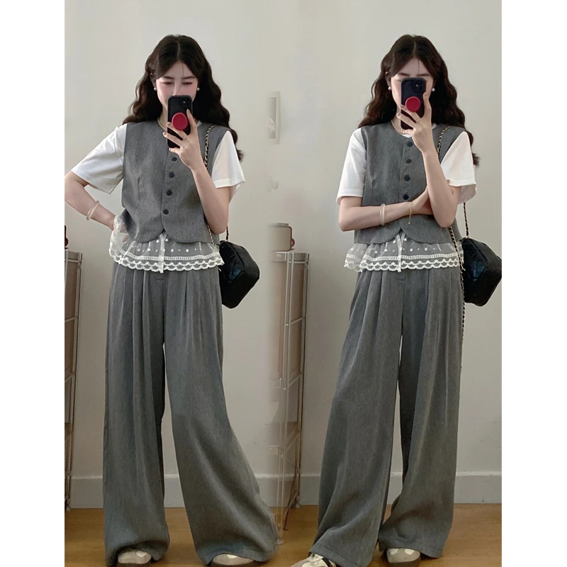 大码夏季新款设计感时尚蕾丝拼接马甲上衣高腰阔腿裤T恤洋气穿搭