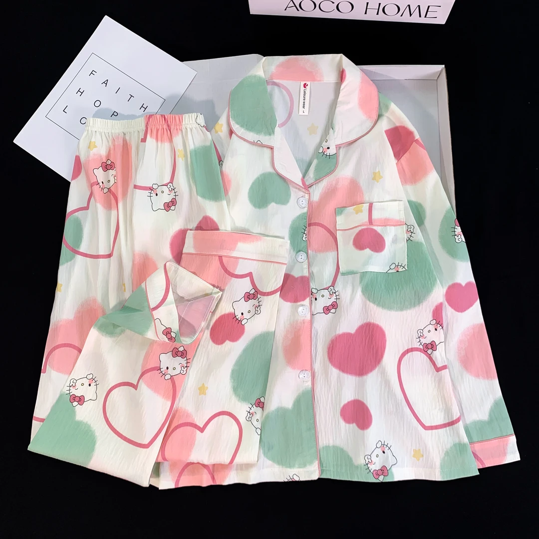 春秋款睡衣少女甜美ins风开衫卡通长袖长裤两件套学生家居服外穿